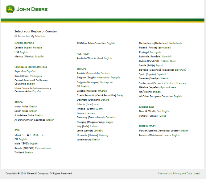 Deere.com Homepage with Geographic Selector
