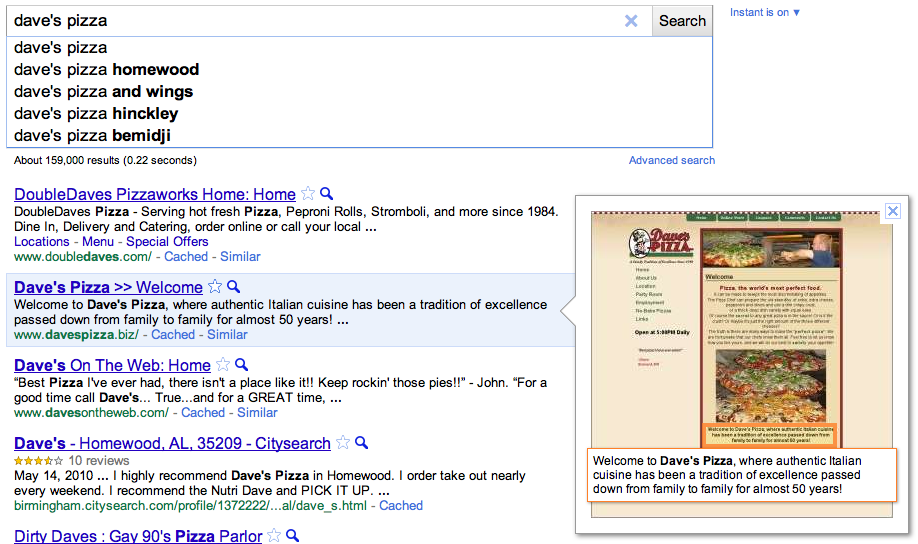 Screen shot 2010-11-11 at 2.36.54 PM Google Instant Preview - Dave's Pizza