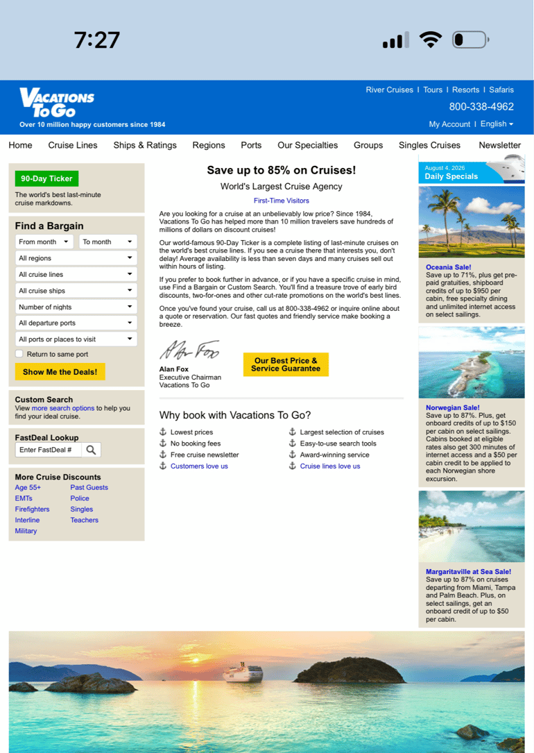 Vacations To Go mobile homepage