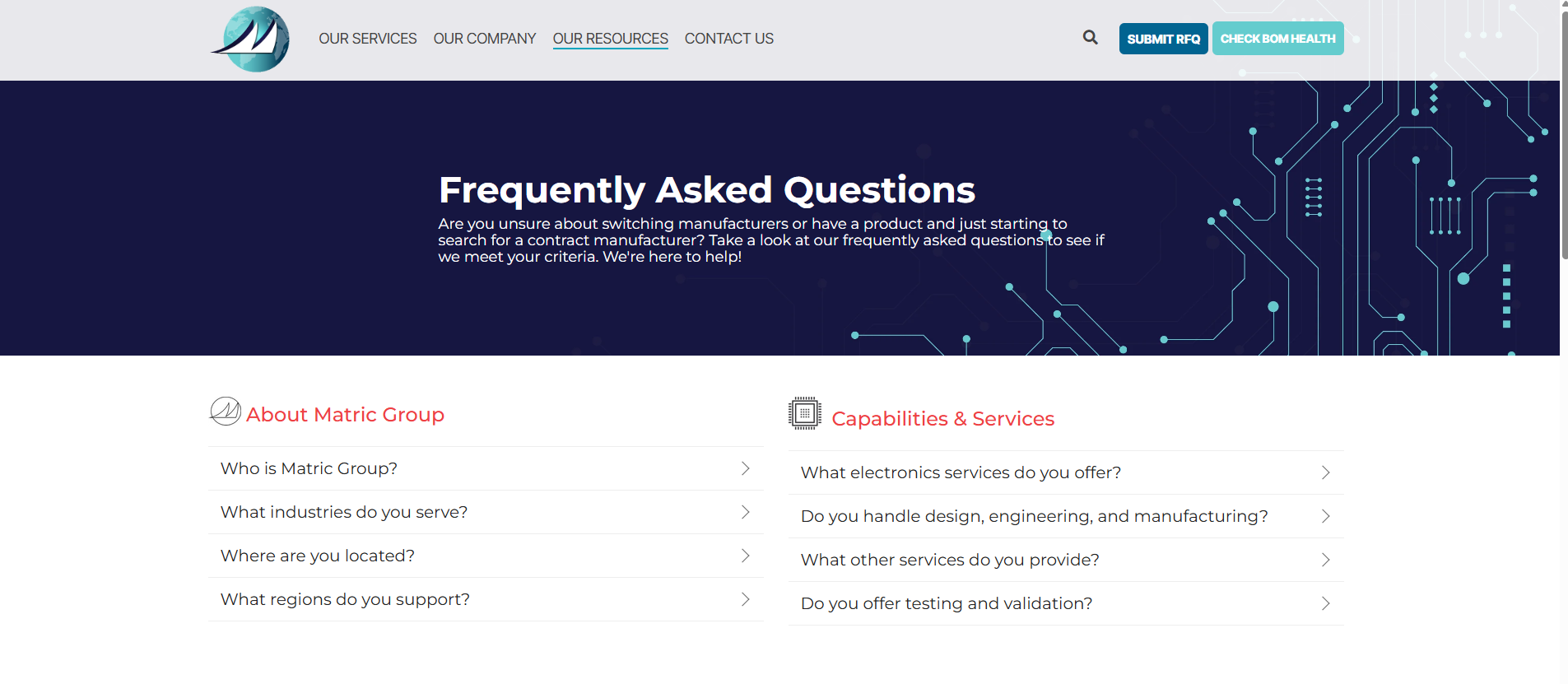 Matric Group FAQ page