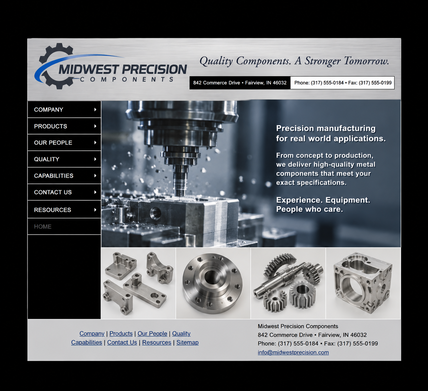 Example of an outdated manufacturing website with a fixed-width layout and black space on both sides